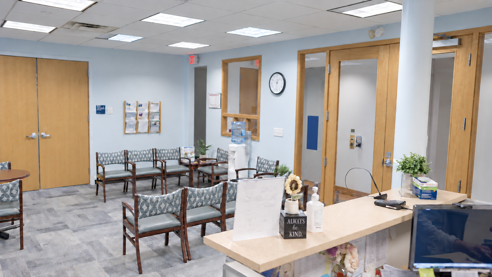 Waiting area and reception desk inside the MGH PCRP clinic